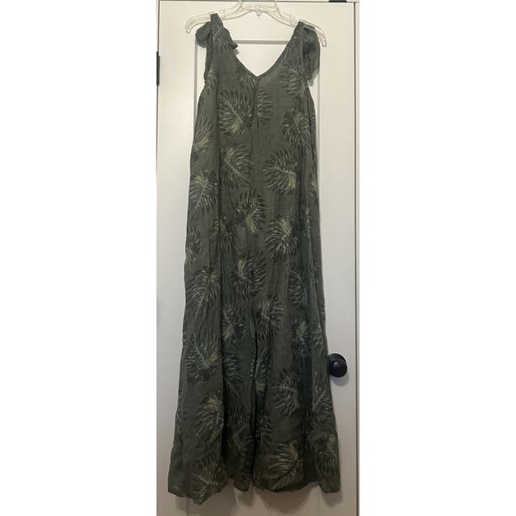 Women’s Small 100% Linen Olive Print Wide Jumpsuit Shoulder Bows Boho Lagenlook - Picture 11 of 16